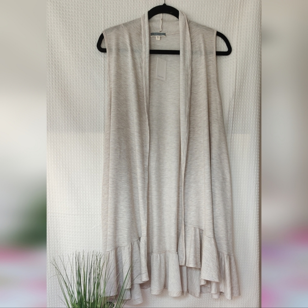 Pleione Women's Oatmeal Open Duster Ruffle Hem Vest Size M